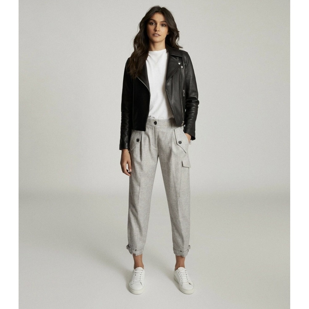 REISS Pants Women sz 2 Gray Marl Wool Blend BRIANNA Cargo Pants ankle dress pant